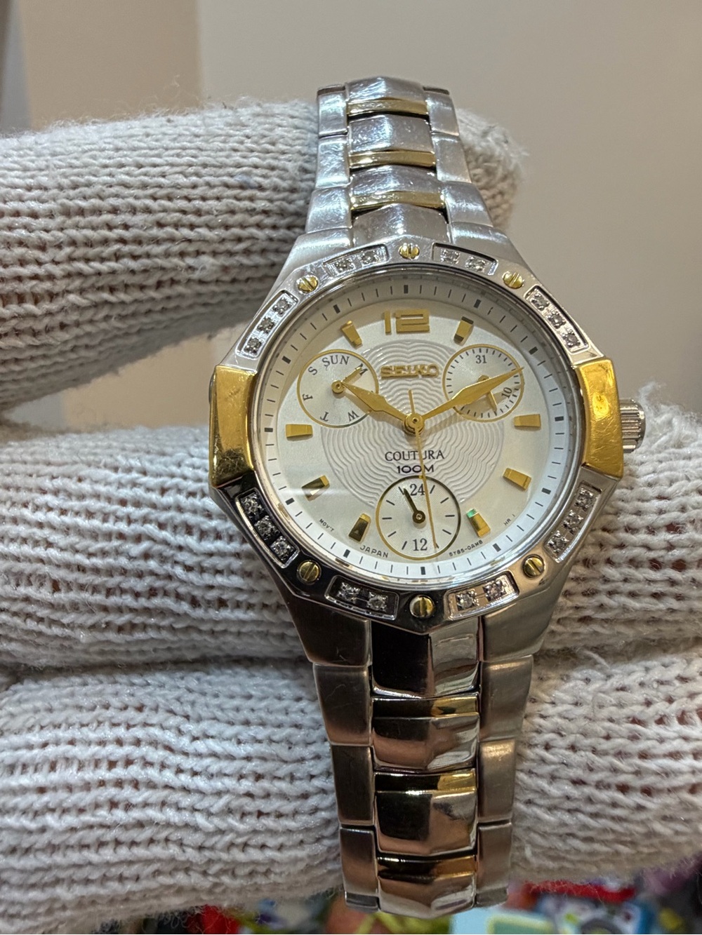 Seiko Coutura SUK008 Women's Watch Two-Tone Diamond Bezel Multi-Hand Calendar